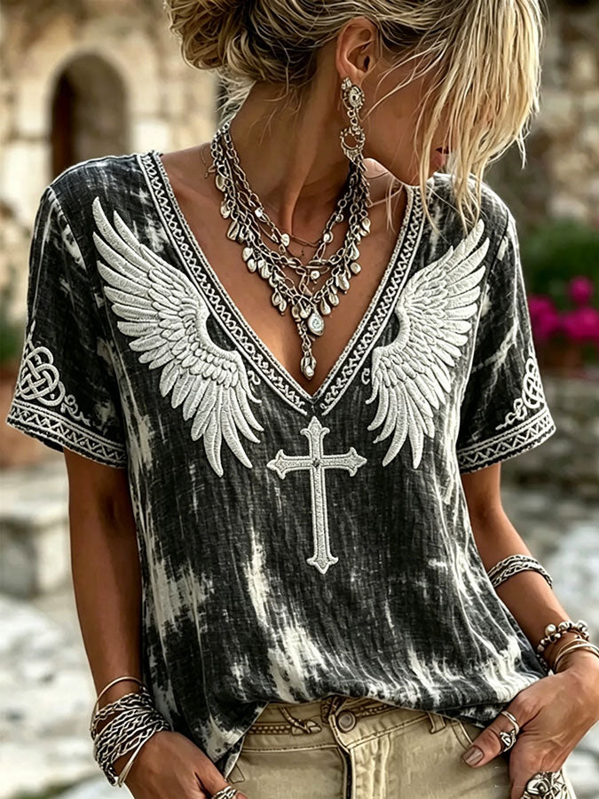 Boho Faith Cross Art Linen Blend V-Neck Short Sleeve Shirt