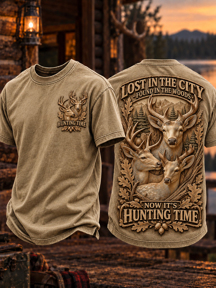 Men’s Retro “LOST IN THE CITY · FOUND IN THE WOODS · NOW IT'S HUNTING TIME” Hunting Season Printed T-Shirt
