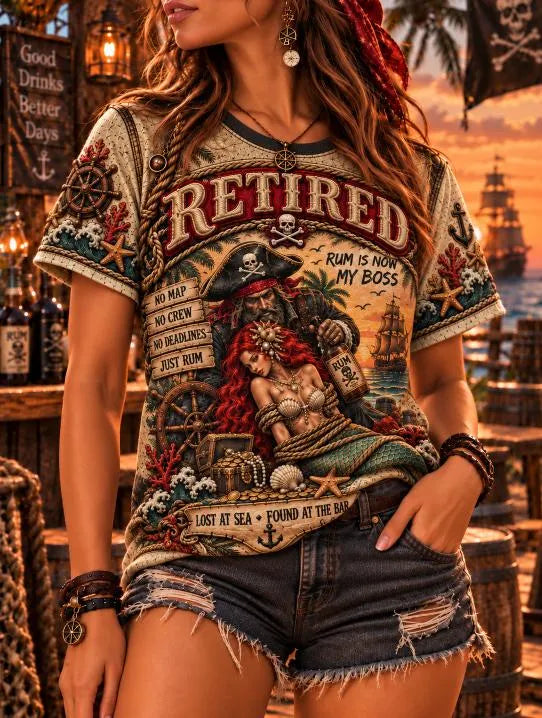 🏴‍☠️ Retired Pirate, Mermaid & Rum Boss Vintage Nautical Style Tee