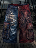 Men's Cthulhu Octopus Pirate Ship Colorblock Art Print Casual Shorts