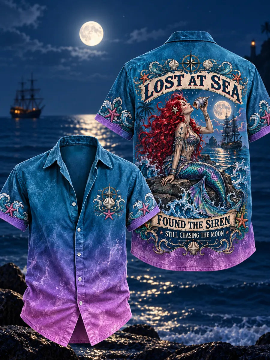 Men’s Vintage “LOST AT SEA · FOUND THE SIREN” Printed Short Sleeve Shirt