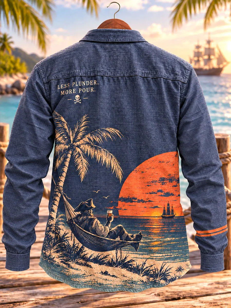 Men's Vintage Pirate Sunset Palm Tree Print Long Sleeve Shirt