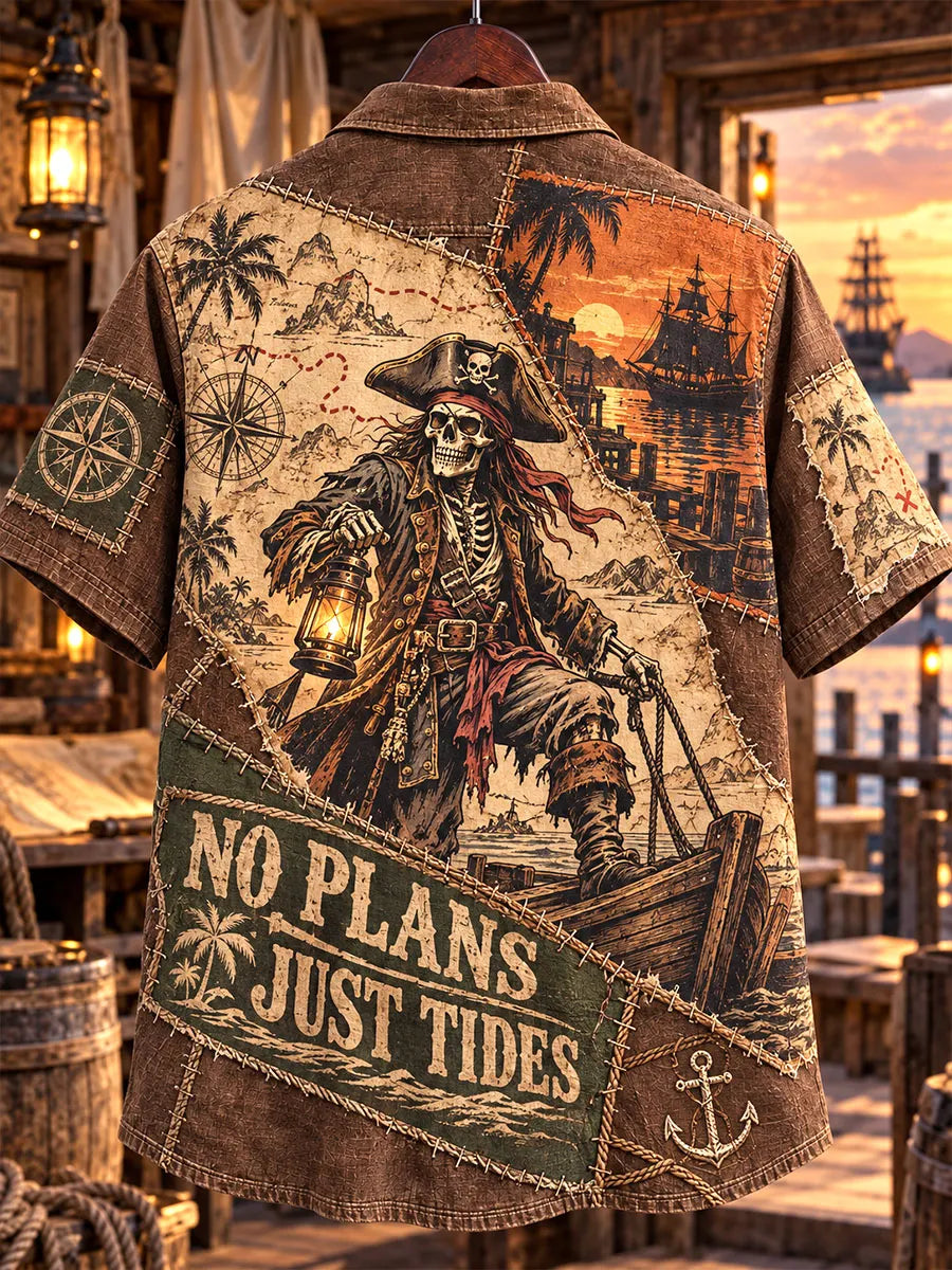 Pirate Treasure Map Patchwork Vintage Men’s Short Sleeve Shirt