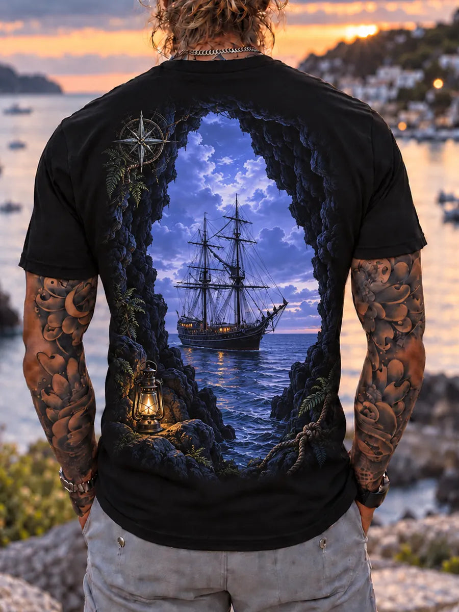 ⚓"Cave Explorer" Moonlight Sea & Galleon Vintage Tee⛵
