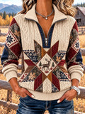 Women's Vintage Geometric Deer Patchwork Print Half-Zip Sweatshirt