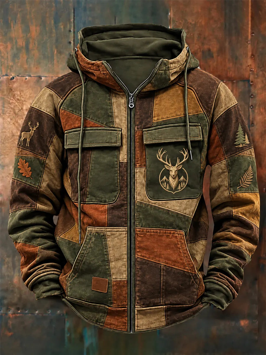 Men's Retro Hunting Culture Print Casual Zip Hoodie