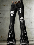 Women'S Retro Cross Skull Art Print Flare Pants