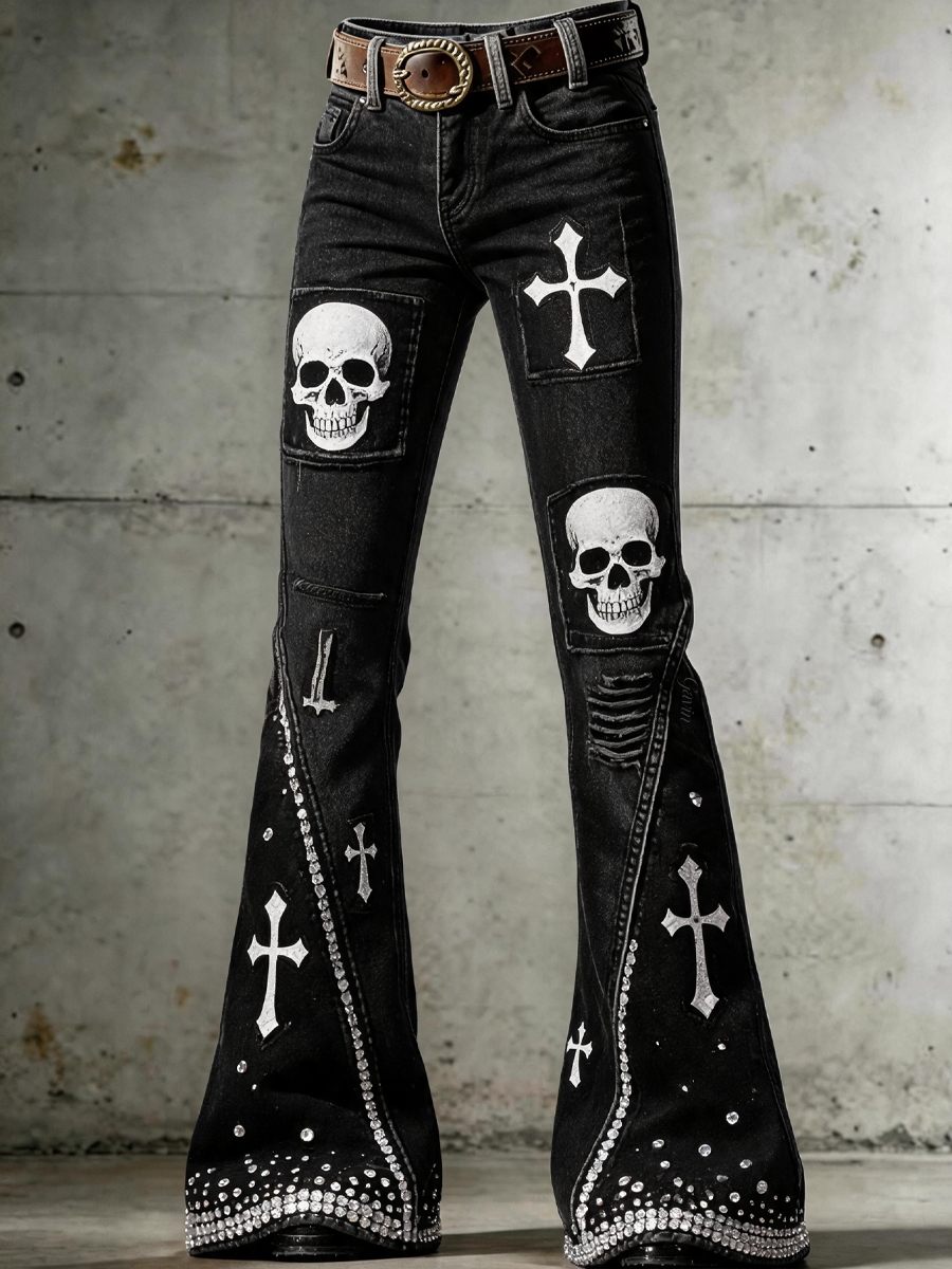 Women'S Retro Cross Skull Art Print Flare Pants