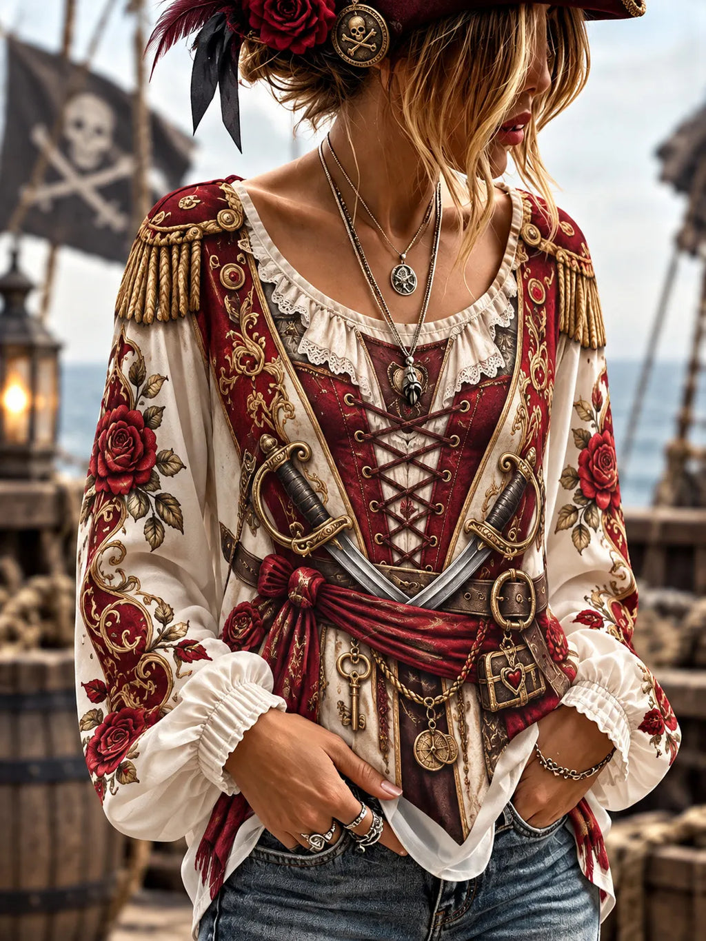 Women's Vintage-Style Pirate Art Print Casual Top