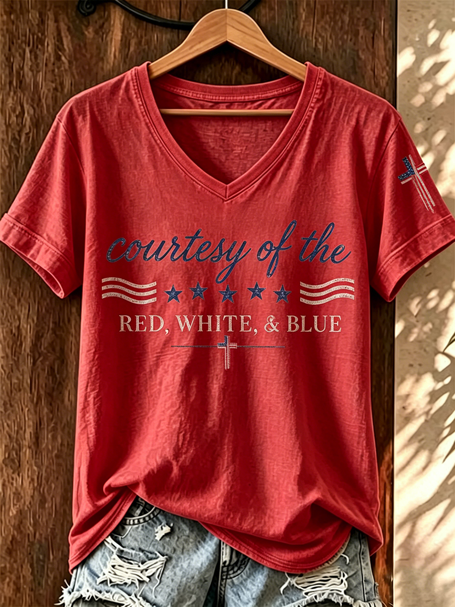 American Faith Cross Flag Commemorative Print V-Neck T-Shirt
