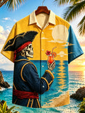 Men's Color Block Skeleton Pirate Holding Tropical Cocktail Ocean Sunset Art Print Casual Shirt
