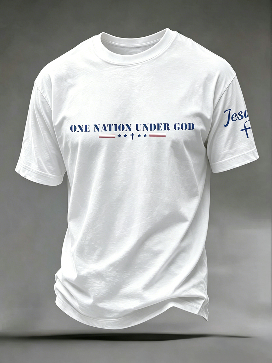 One Nation Under God Jesus Commemorative Printed Round Neck T-Shirt