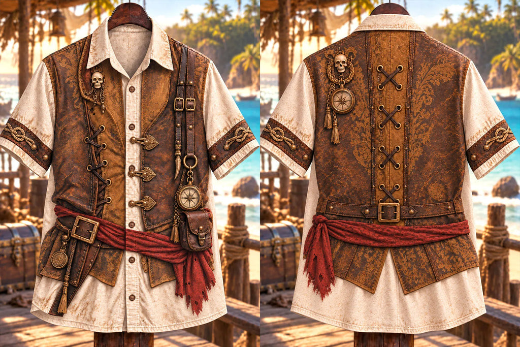 Men’s Vintage Pirate Vest-Effect Print Short-Sleeve Button-Up Shirt
