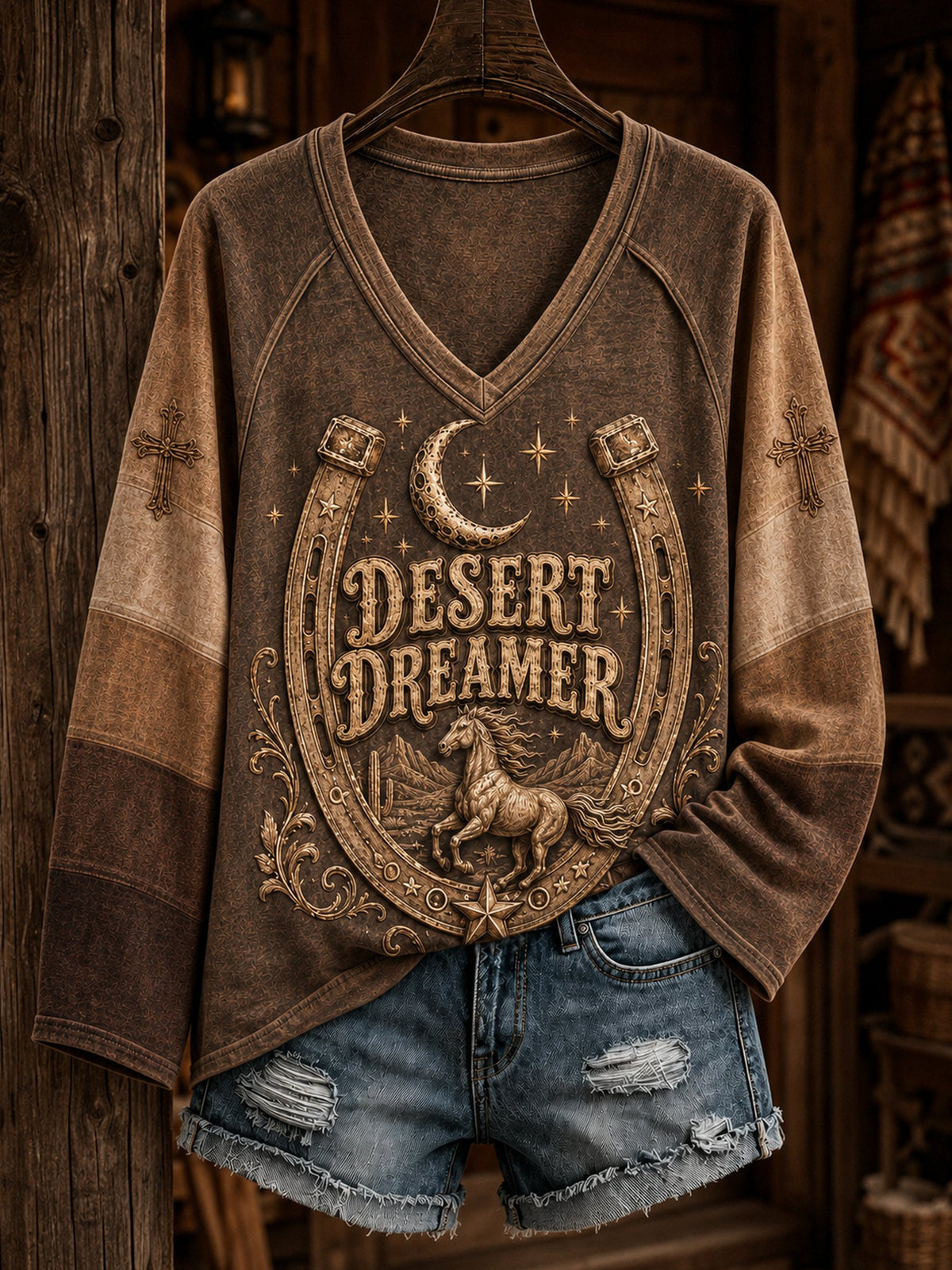 Women's Retro Western Print V-Neck Top