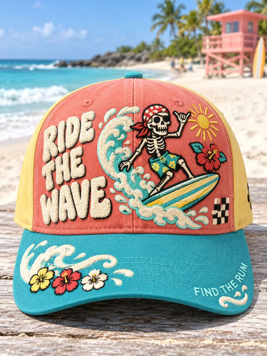 Ride the Wave Pirate Skull Surfer 3D Baseball Cap
