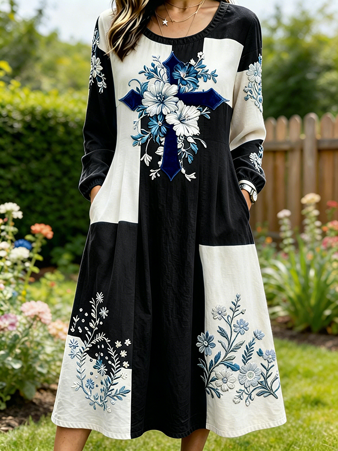 Women's Casual Art Cross Floral Embroidered Color Block Midi Dress
