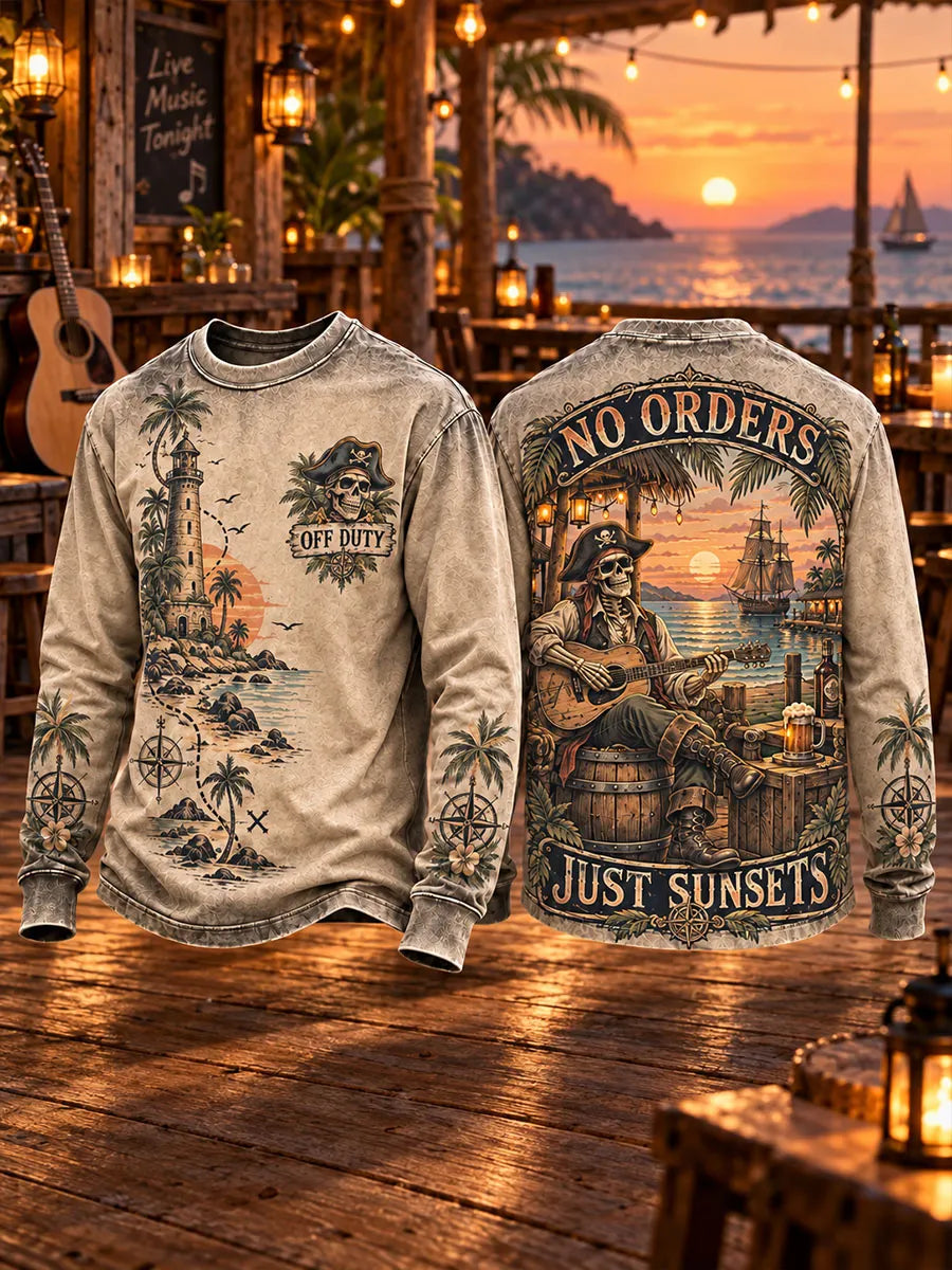 Men’s Pirate Skeleton Guitarist & Sunset Print Long-Sleeve Crewneck T-Shirt