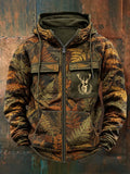 Men's Retro Hunting Culture Print Casual Zip Hoodie