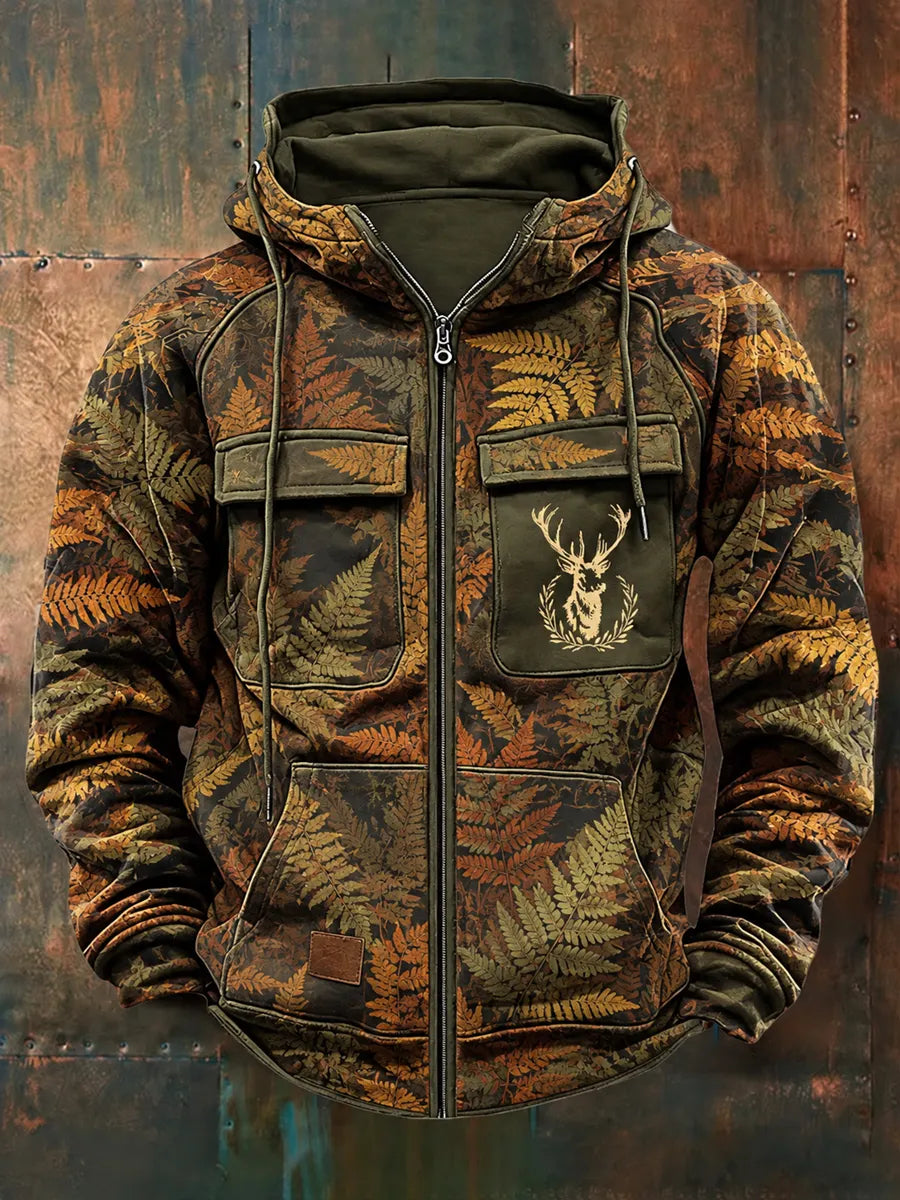 Men's Retro Hunting Culture Print Casual Zip Hoodie