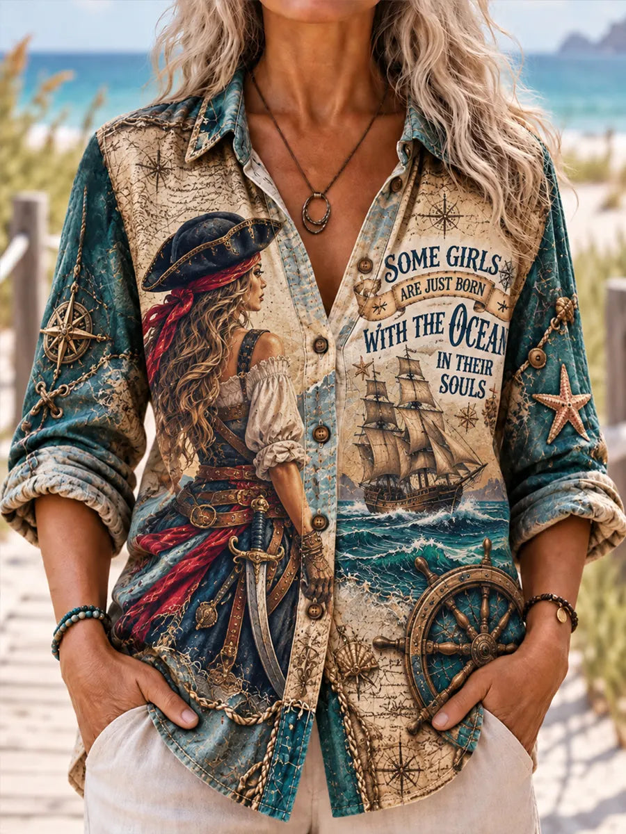 Women's Retro Style Pirate Ocean Theme Long-Sleeve Collared Shirt