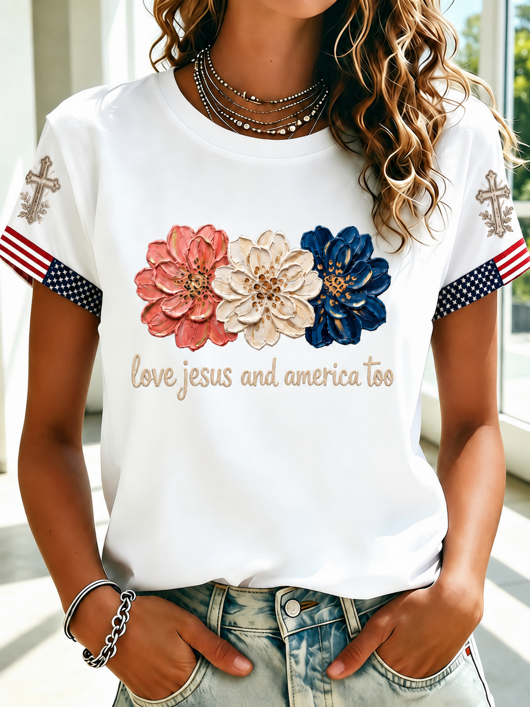 Women'S Love Jesus And America Too Printed T-Shirt