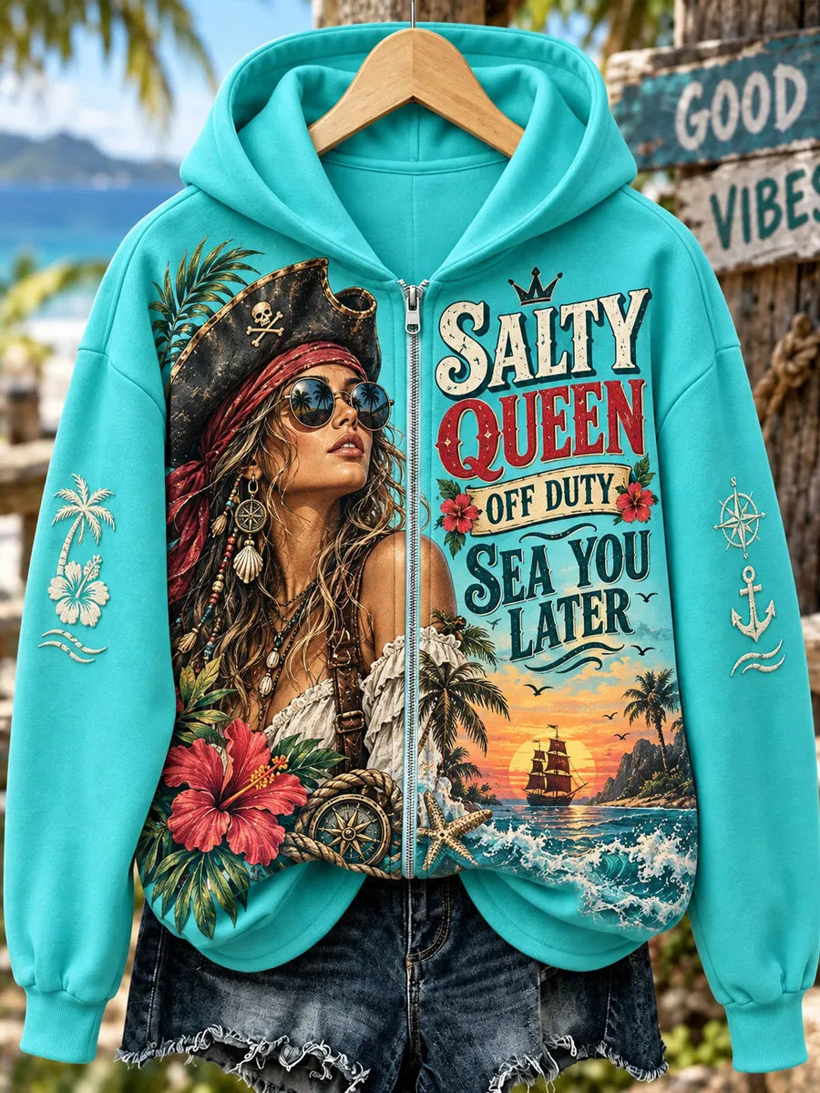 Women’s Salty Queen Off Duty Tropical Pirate Graphic Zip-Up Hoodie