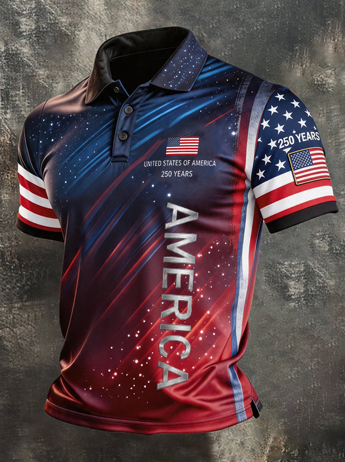 Men's Retro 250th Anniversary United States Of America Print Casual Polo Shirt