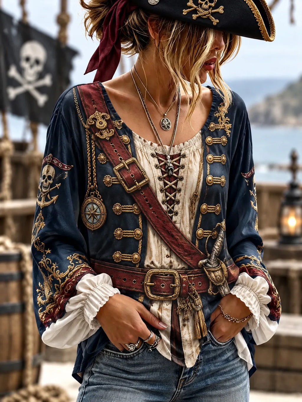 Women's Vintage-Style Pirate Art Print Casual Top
