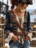Women's Vintage-Style Pirate Art Print Casual Top