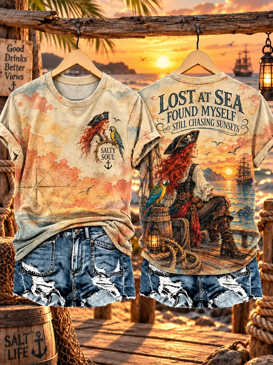 Women's Retro Pirate Salty Girl Art Print T-Shirt